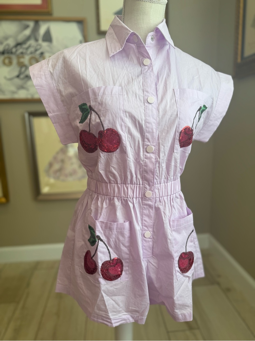 New! QUEEN OF SPARKLES Lilac Sequin Cherry Romper